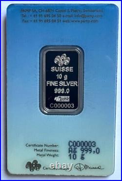 #000003 Rare Buddha 10 Gram. 999 Silver Bar Pamp Suisse Assay $138.88