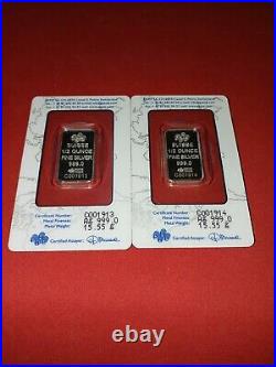 1/2 oz Silver x2 PAMP Suisse Rose Bar 15.55 grams. Consecutive Numbers