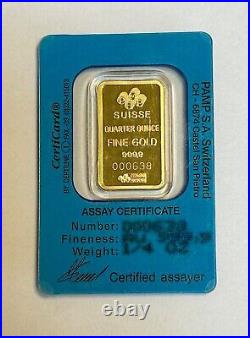 1/4 OZ. Gold Bar PAMP Suisse. 9999 Fine Gold Fortuna Bar w Assay