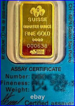 1/4 OZ. Gold Bar PAMP Suisse. 9999 Fine Gold Fortuna Bar w Assay