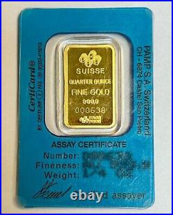 1/4 OZ. Gold Bar PAMP Suisse. 9999 Fine Gold Fortuna Bar w Assay