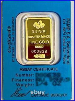 1/4 OZ. Gold Bar PAMP Suisse. 9999 Fine Gold Fortuna Bar w Assay