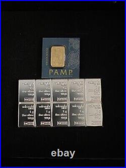 1 GRAM 24K GOLD SWISS PAMP WithCERT & 10x 1-GRAM SILVER 999 PURE VALCAMBI COMBIBAR