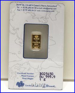 1 Gram 999.9 Gold Bars Suisse Pamp Lady Fortuna B025450