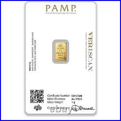 1 Gram 999.9 Gold Lady Fortuna Pamp Suisse Minted Bullion Certified Ingot Bar