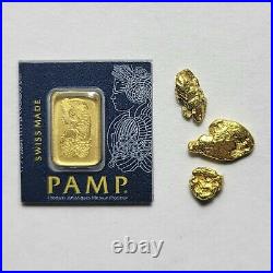 1 Gram Gold Bar PAMP Multigram. 9999 Fine + 3 Large Natural Gold Nuggets