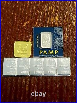 1 Gram Gold Bar, Platinum and FIVE (5) Silver (Pamp Suisse AND Valcambi)