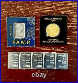 1 Gram Gold Maple Leaf, Platinum and FIVE (5) Silver (Pamp Suisse AND Valcambi)