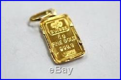 1 Gram Pamp Suisse 24k. 999 Fine Gold Bar in 18k Yellow Gold Pendant