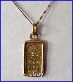 1 Gram Pamp Suisse. 999 Gold Bar Bullion Pendant 21K Bezel 17 14K Gold Chain