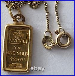 1 Gram Pamp Suisse. 999 Gold Bar Bullion Pendant 21K Bezel 17 14K Gold Chain