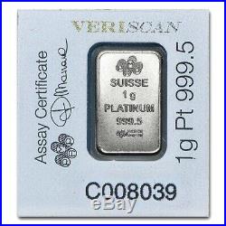 1 Gram Pamp Suisse. 9995 Fine Platinum Lady Fortuna Bullion Bar Assay Multigram