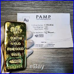 1 Kilo PAMP Suisse 999.9 24K Gold Bullion Bar + Assay Cert + Original Receipt