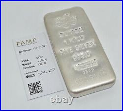 1 Kilo PAMP Suisse Silver Cast Bar. 999 Fine with Assay Card with Serial Number