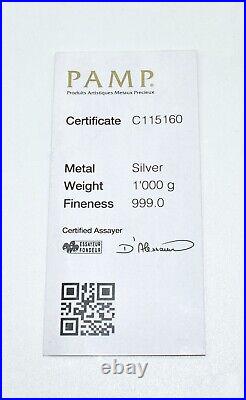 1 Kilo PAMP Suisse Silver Cast Bar. 999 Fine with Assay Card with Serial Number