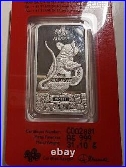 1 OZ 2020 999 SILVER LUNAR RAT PAMP SUISSE SEALED with cover. Pics of item