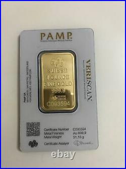 1 OZ Pamp Suisse Gold Bar 9999 Fine Gold With Orginal Certificate