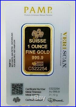 1 Ounce PAMP Suisse Lady Fortuna Fine Gold Bar 999.9 Certified C522254 In Assay