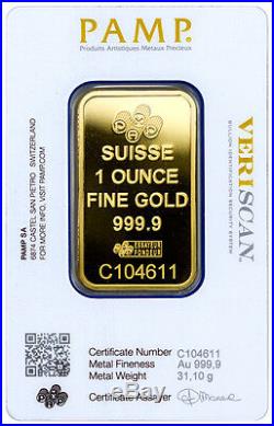 1 Ounce Pamp Suisse. 9999 Fine Gold Bar Lady Fortuna 1oz. With Veriscan
