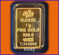 1 gram 24K Gold Pamp Suisse Fortuna Gold Minted Bar Clear Viewing in Gift Pouch