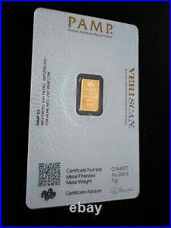 1 gram. 9999 Fine GOLD Bar PAMP Suisse Lady Fortuna Veriscan in Assay Card