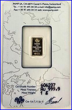 1 gram Gold Bar PAMP Suisse Fortuna 0.9999 Fine in Sealed Assay