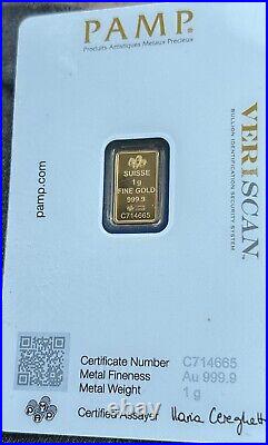 1 gram Gold Bar PAMP Suisse Fortuna 999.9 Fine in Sealed Assay