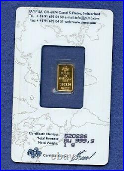 1 gram Gold Pamp Fortuna Swiss bar. 9999 Fine in Sealed Certified Assay 1G