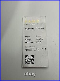1 kilo. 999 SILVER PAMP BAR Certified#C129308 1000grams