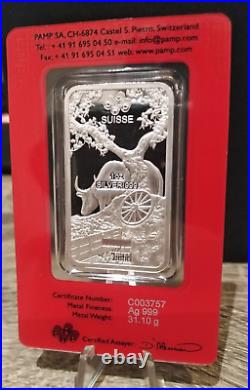 1 ounce Silver Bar PAMP Suisse Lunar Ox