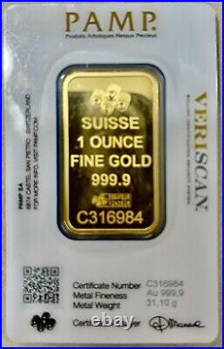 1 oz Gold Bar PAMP Suisse Lady Fortuna Veriscan (In Assay) 999.9 Fine