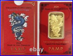 1 oz Gold Bar PAMP Suisse Lunar Legend Azure Dragon 999.9 Fine in Assay