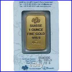 1 oz PAMP Gold Suisse Bar. 9999 Fine Sealed In Assay