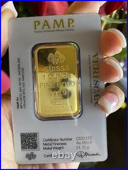 1 oz PAMP Gold Suisse Lady Fortuna Bar. 9999 Fine Sealed In Assay