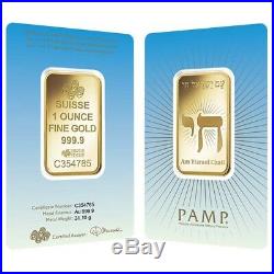 1 oz PAMP Suisse Gold Bar Am Yisrael Chai (in Assay). 9999 Fine