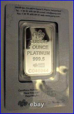 1 oz PAMP Suisse Lady Fortuna Platinum Bar. 9995 Fine In Sealed Assay Card