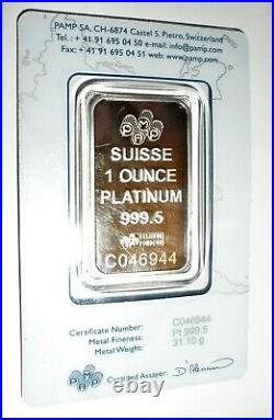 1 oz PAMP Suisse Platinum Bar. 9995 Fine In Sealed Assay Card