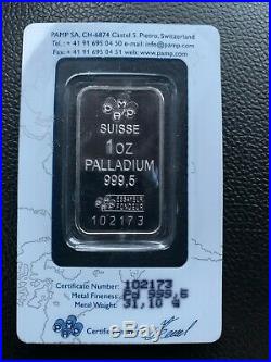 1 oz. Palladium Bar PAMP Suisse 999.5 Fine Sealed. Cert # 102173