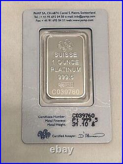 1 oz Pamp Suisse Lady Fortuna Platinum Bar. 9995 Fine With Assay Certificate