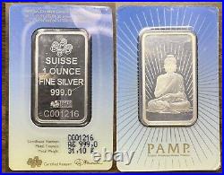 1 oz Pamp Suisse Religious Faith Series Buddha. 999 Silver In Assay