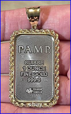 1 oz. Pure Gold Pamp Suisse Bullion Bar (Dipped in Rhodium) in 14k Rope Bezel