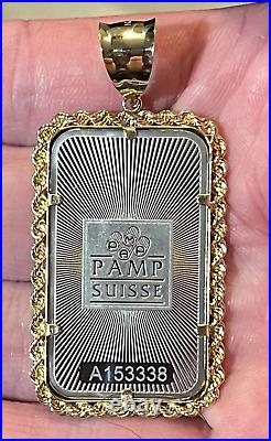 1 oz. Pure Gold Pamp Suisse Bullion Bar (Dipped in Rhodium) in 14k Rope Bezel