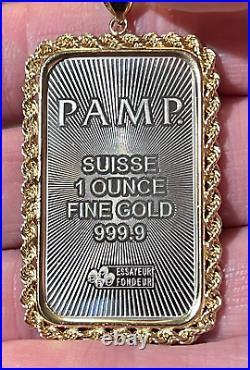 1 oz. Pure Gold Pamp Suisse Bullion Bar (Dipped in Rhodium) in 14k Rope Bezel