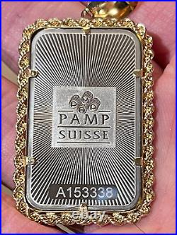 1 oz. Pure Gold Pamp Suisse Bullion Bar (Dipped in Rhodium) in 14k Rope Bezel