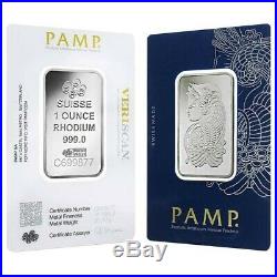1 oz. Rhodium Bar Pamp- 999.0 Fine in Assay Blue Card