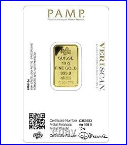 10 G. Gold Bar 999.9 Pamp Swizrland 24 Ct. With Certificate & Invoice