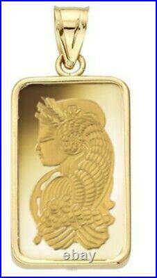 10 Gram Pamp Suisse. 999 Lady Fortuna Bar Pendant 27MMX16MM Encased in 14k Gold