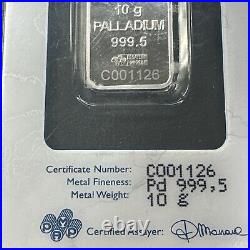 10 gram Palladium Bar PAMP Suisse (In Assay) LADY FORTUNA SEALED BAR