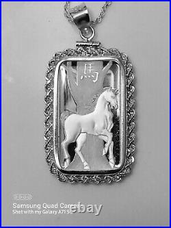 10 gram SILVER PAMP SUISSE HORSE 2014 LUNAR NECKLACE WITH ASSAY ROPE BEZEL