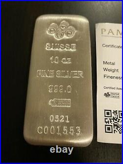 10 oz PAMP Suisse Silver Cast Bar. 999 Fine Silver with COA Card